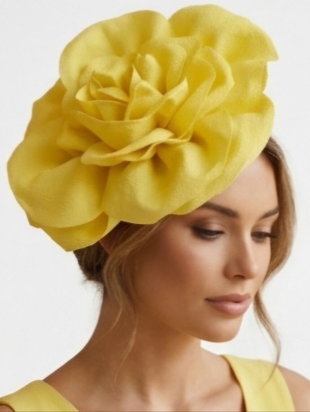 Beloved Millinery Gorgepus Yellow Fabric Petals Fascinator Headband Clip & Pin - Picture 1 of 10